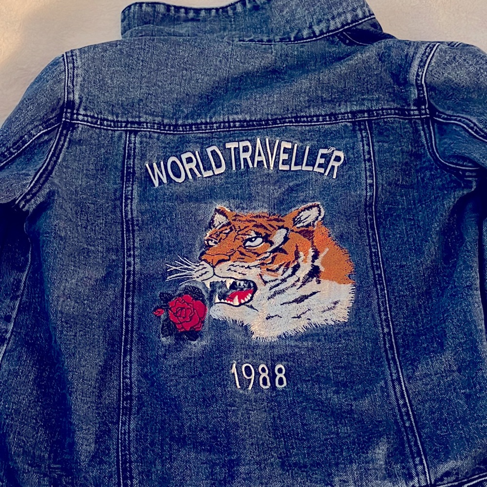 Tiger & Rose World Traveler Embroidered Denim Jean Motorcycle Jacket Forever 21